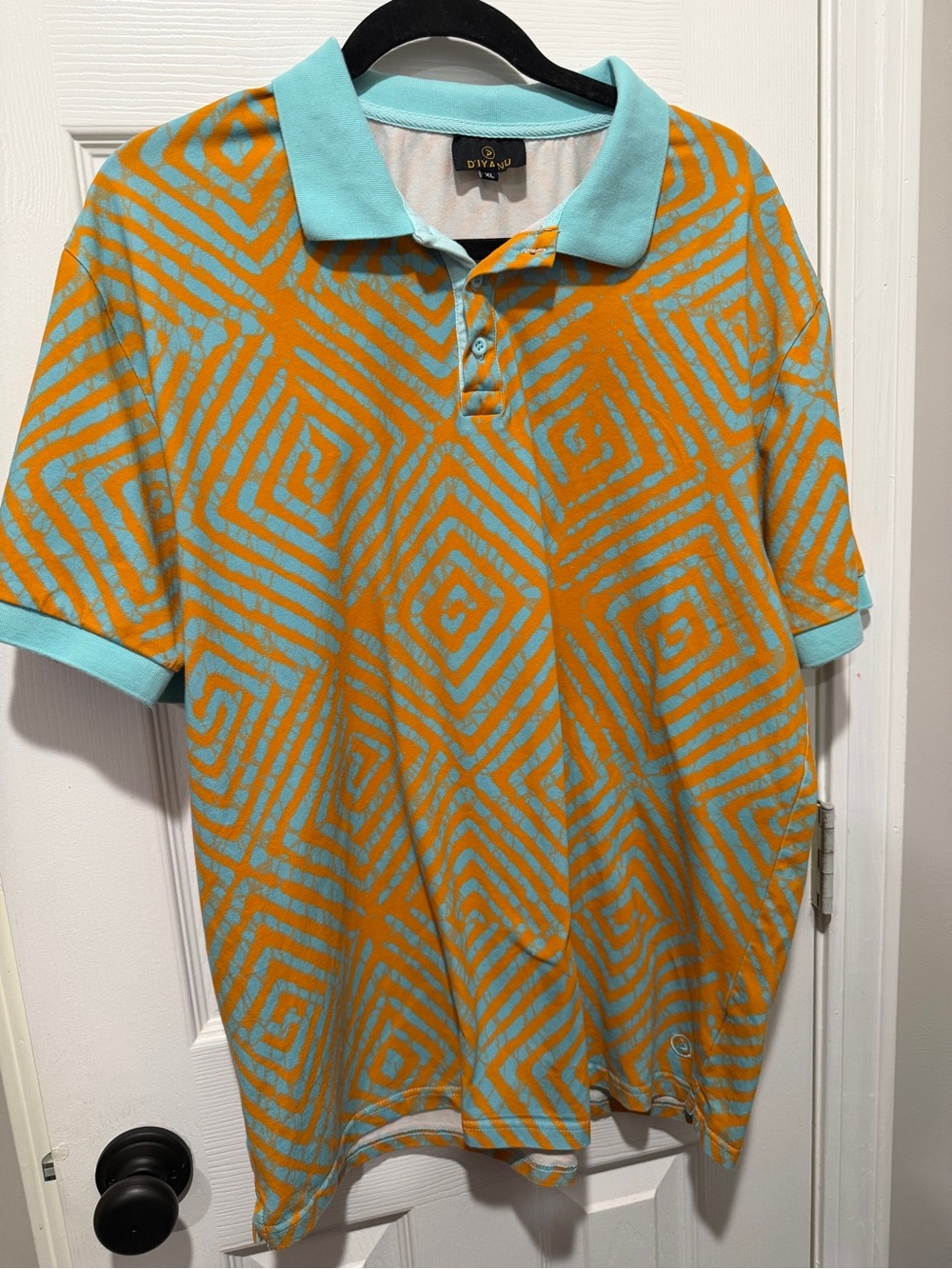 D’IYANU Mens XL African Print Polo Shirt Orange Aqua Geometric Cotton Stretch